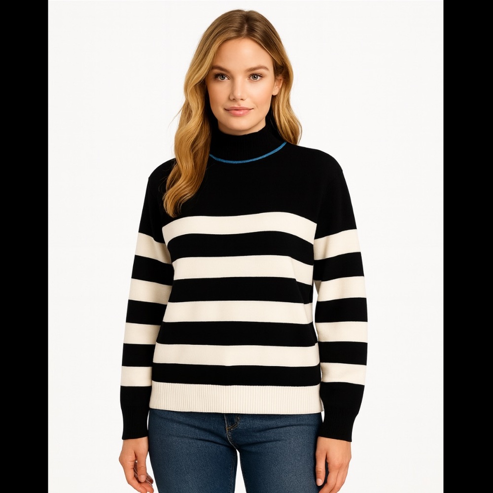 Cozy Black and White Striped Turtleneck Sweater